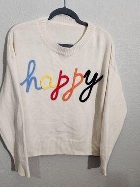 SHEIN Crewneck Sweater Multicolor Happy Script Cream 0 XL